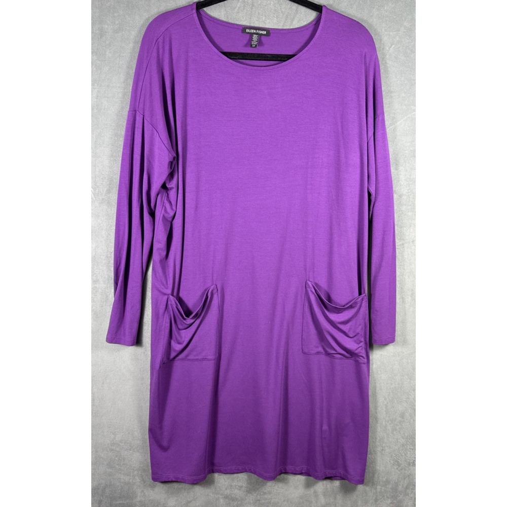 Eileen Fisher Women's Sz S Petite Purple Long Sleeve Pockets Stretch Shift Dress